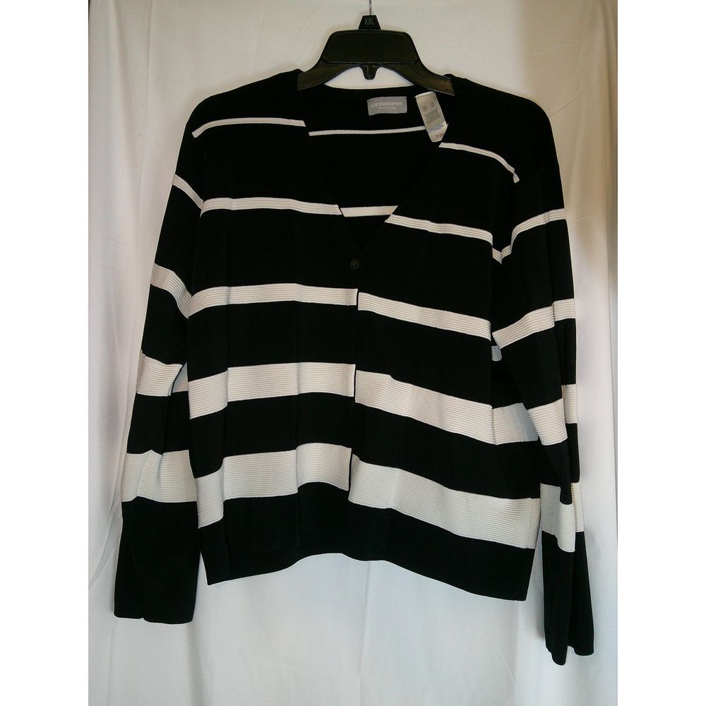 Liz Claiborne Black & White Striped Long Sleeve Knit Wrap Sweater Style XL